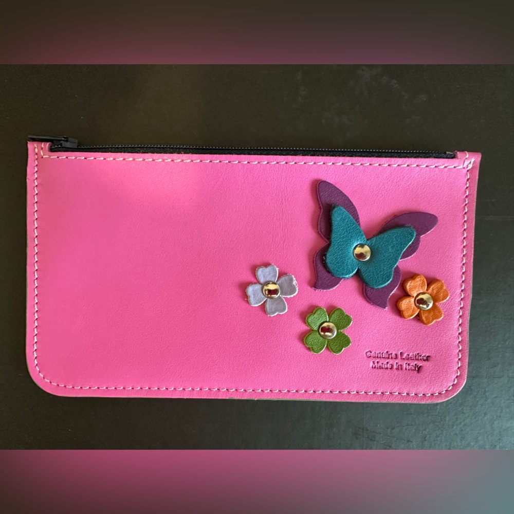 Pink Italian Leather pouch with floral appliqué design